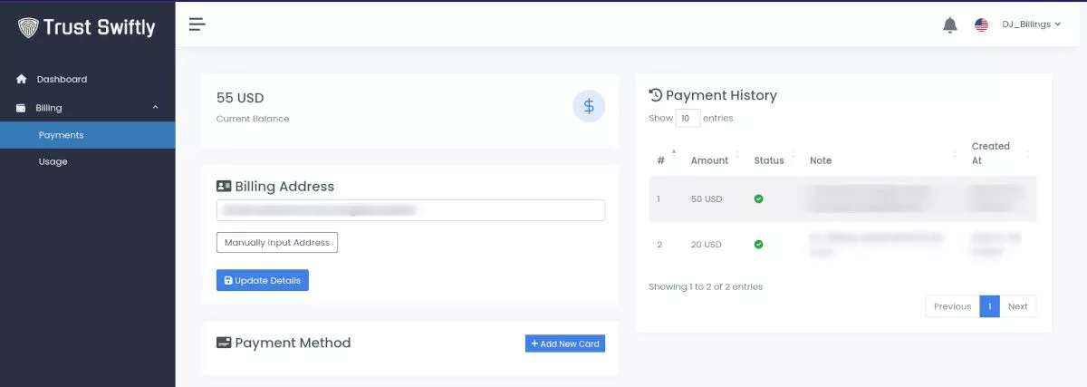 Trust Swiftly-Konto-Dashboard