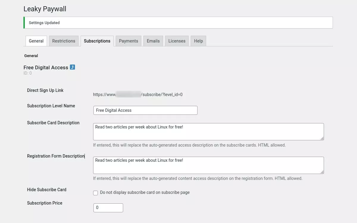 Screenshot des Leaky Paywall-Menüs