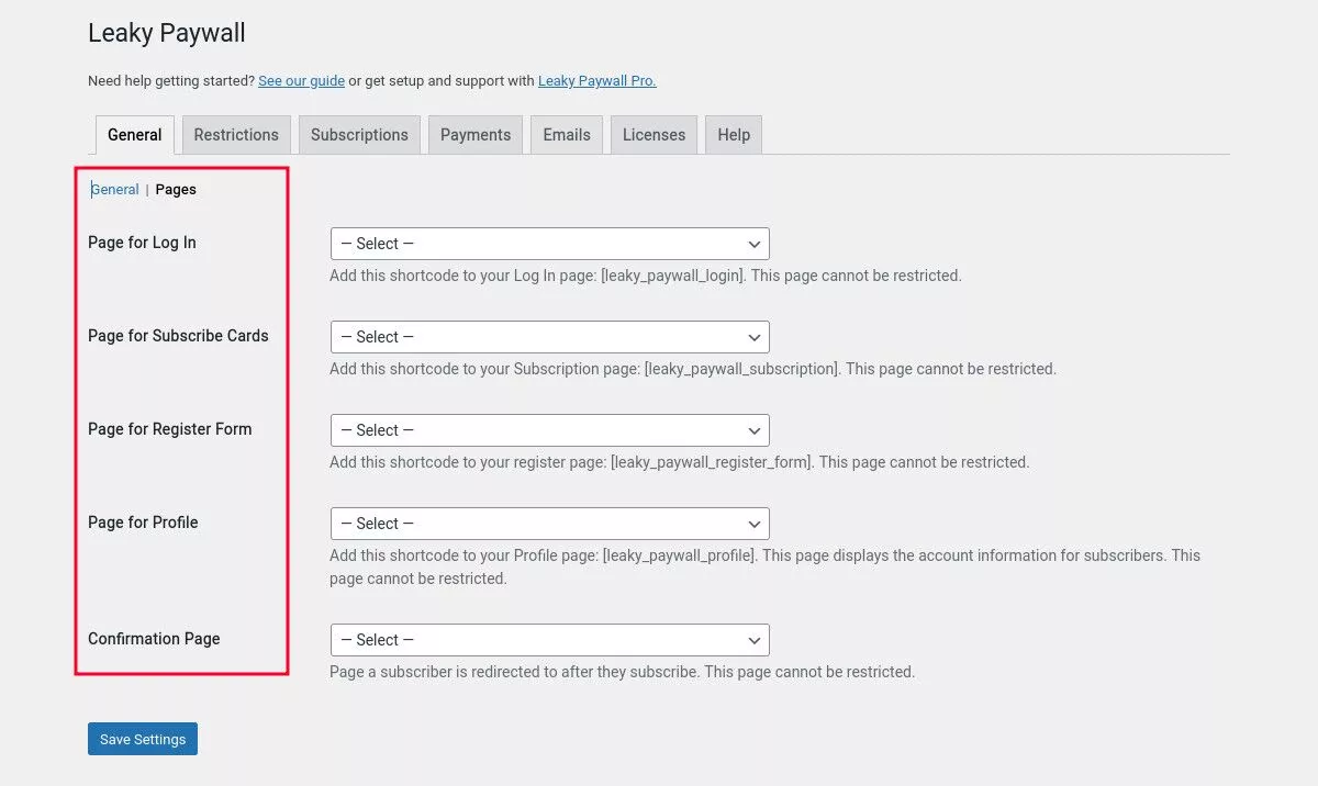 Screenshot des Leaky Paywall-Menüs