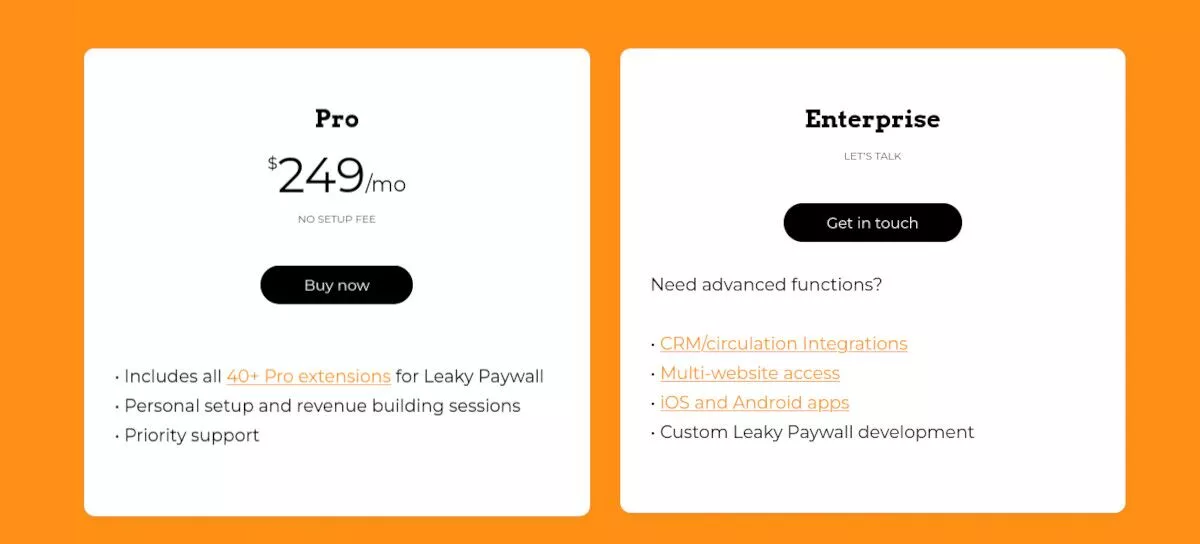 Screenshot der Leaky Paywall-Preistabelle