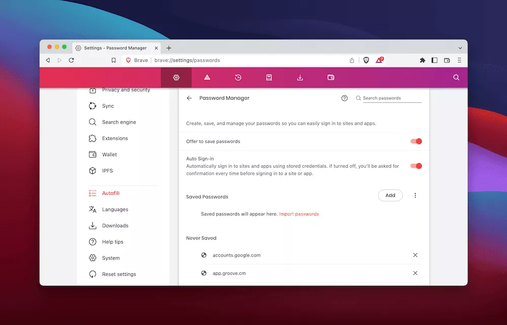 Brave ブラウザーのパスワード マネージャー ツール。