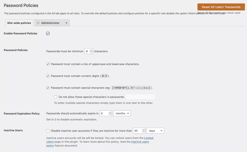 WPassword プラグイン内でのパスワード ポリシーの切り替え。