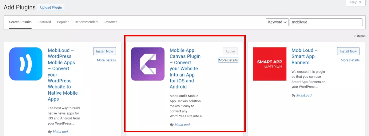 MobiLoud Canvas を表示している WordPress プラグイン メニューのスクリーンショット