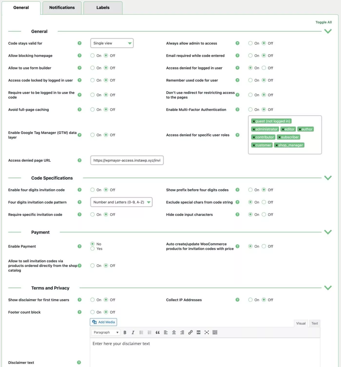 Configuración de acceso al contenido del código de invitación