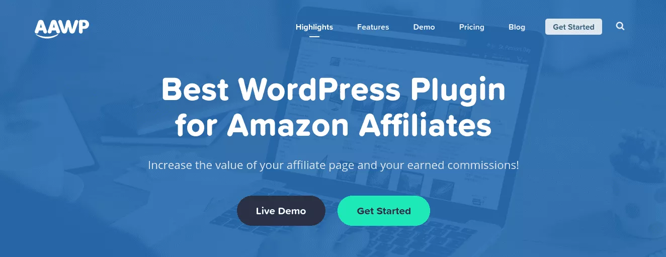 WordPress の Amazon アフィリエイト マーケティングを示す AAWP ウェブサイトのスクリーンショット