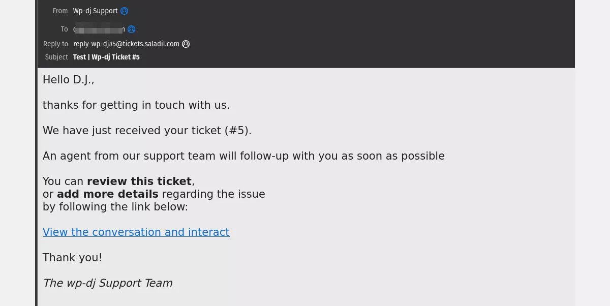 captura de pantalla del correo electrónico del ticket del cliente