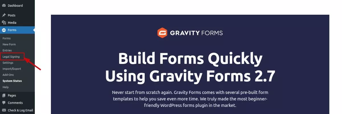Legal Signing プラグインが有効になっている WordPress ダッシュボードのスクリーンショット
