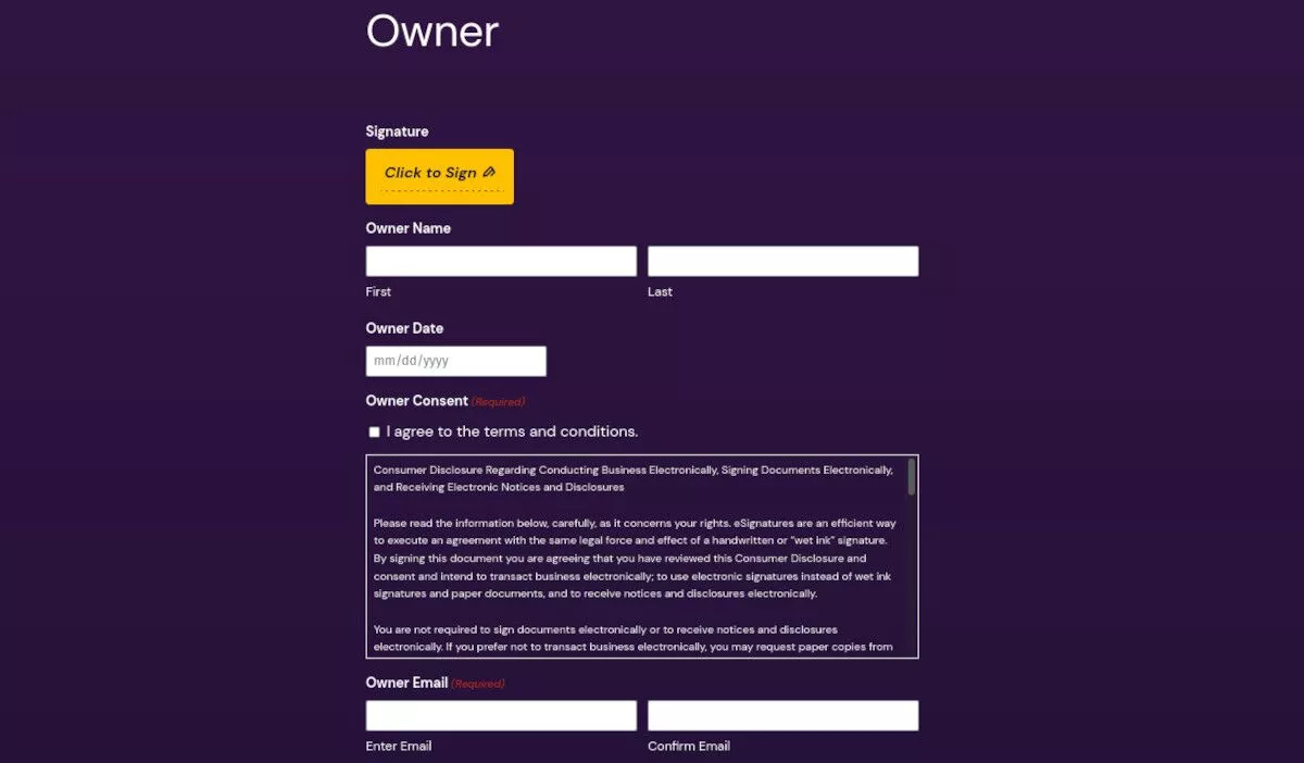 Web ページの法的署名フォームのスクリーンショット