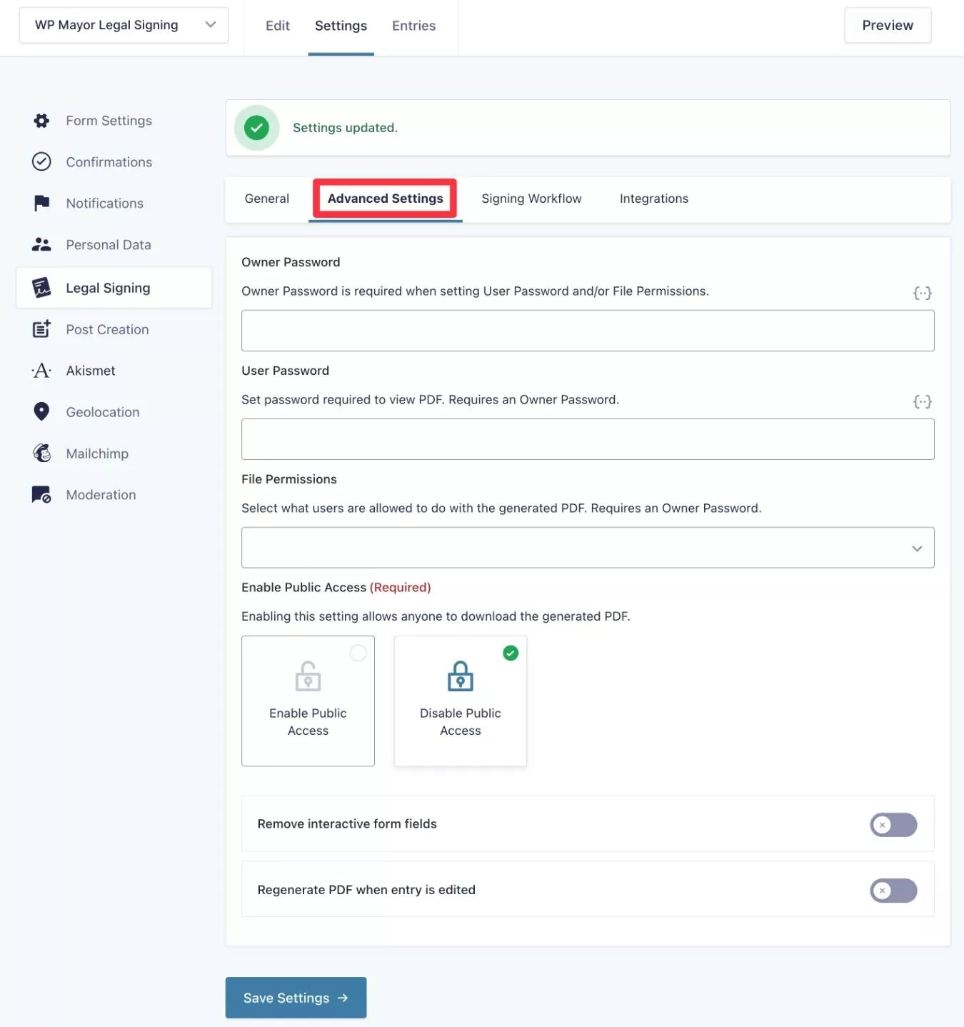 Configuración avanzada para firma legal con formularios de gravedad
