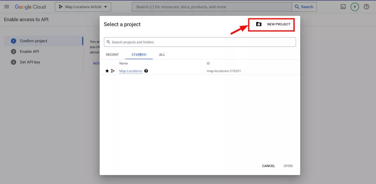 Google Developer プロジェクト メニューのスクリーンショット