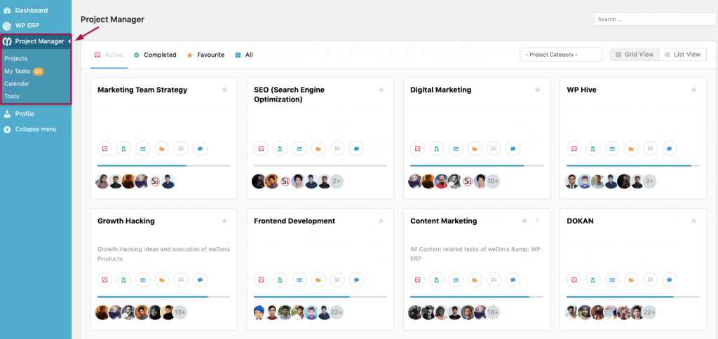 painel do gerente de projeto