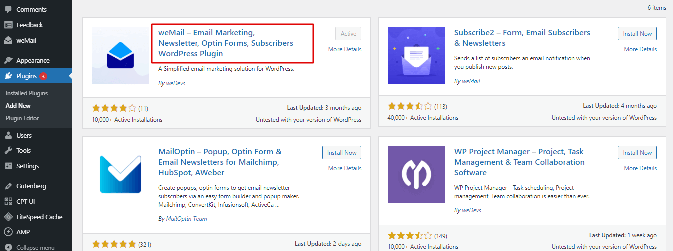 Installa wemail per far crescere la mailing list con wordpress