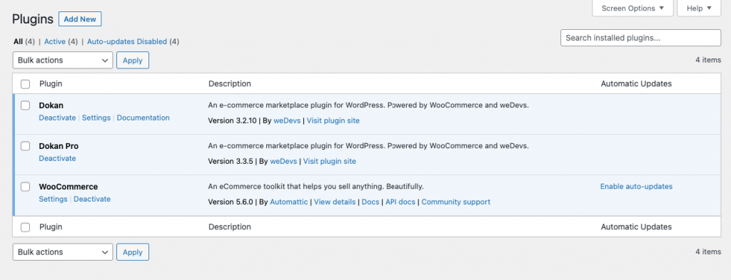 アクティブ化されたプラグイン セクションの WordPress ダッシュボードのスクリーンショット