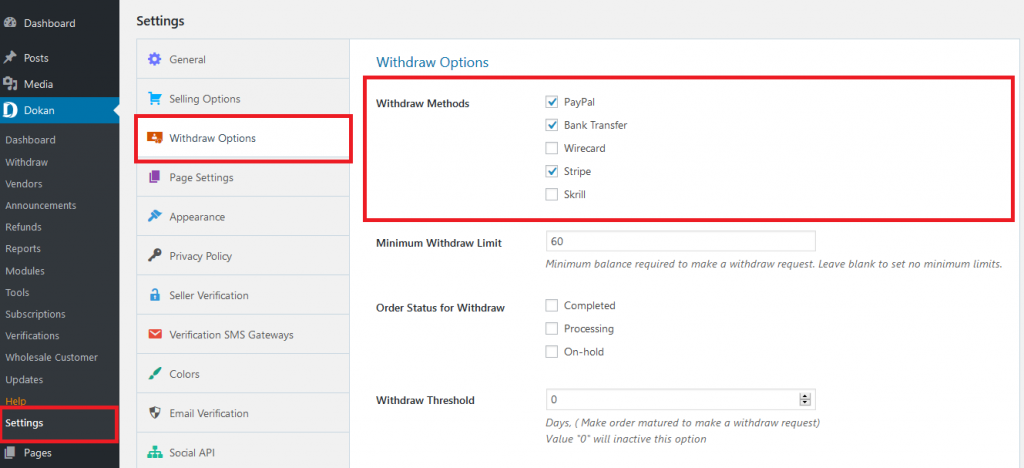 Dokan Withdraw Method_erstellen Sie eine Website für Reisezubehör