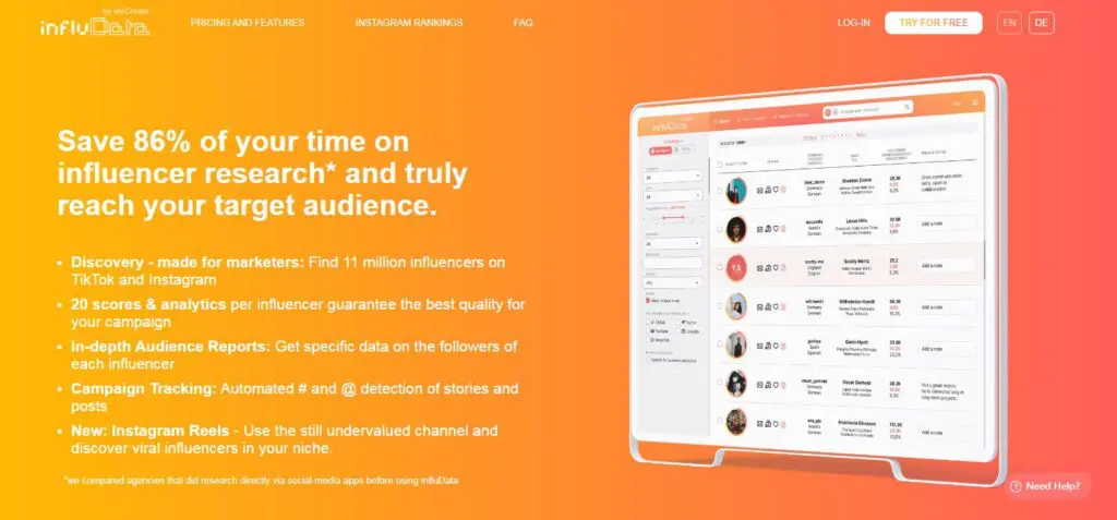 免費的影響者工具 infludata