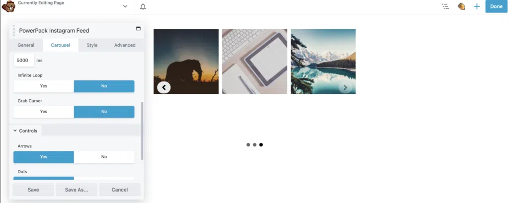 Configuración del carrusel de feeds de Instagram en los complementos de PowerPack