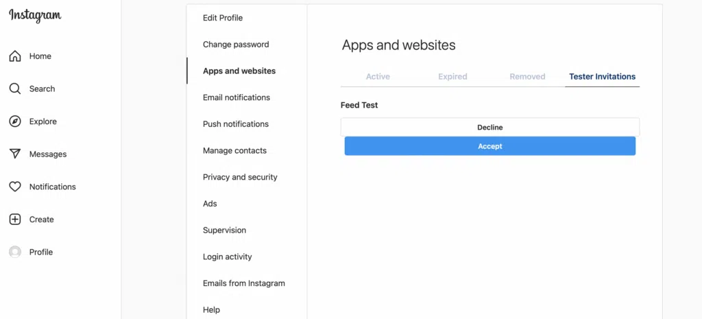 Aceptar una invitación de Tester en Instagram