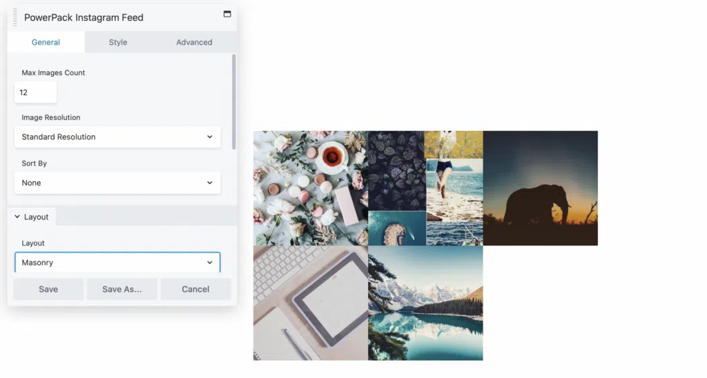 Configuración de alimentación de Instagram de complementos de PowerPack