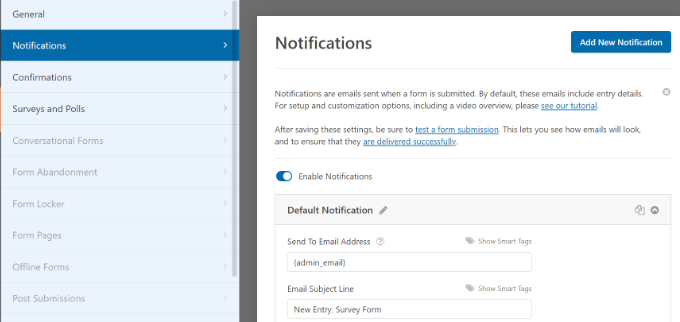 Configurações de notificação em WPForms Edit notification settings
