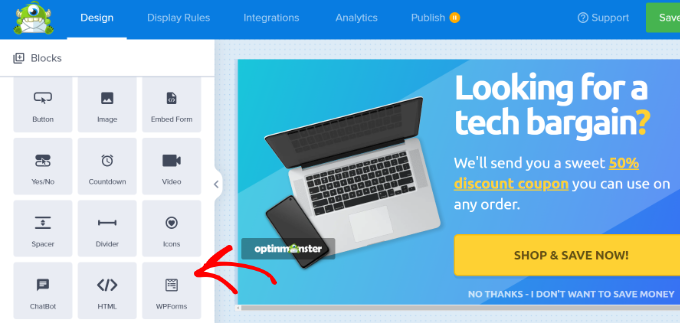 Arraste o bloco HTML para o modelo Add the WPForms block in popup