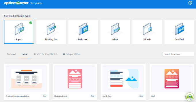 Escolha pop-up como tipo de campanha Choose a campaign type and template