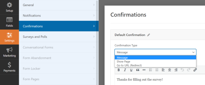 Configurações de confirmação em WPForms Edit form confirmation settings
