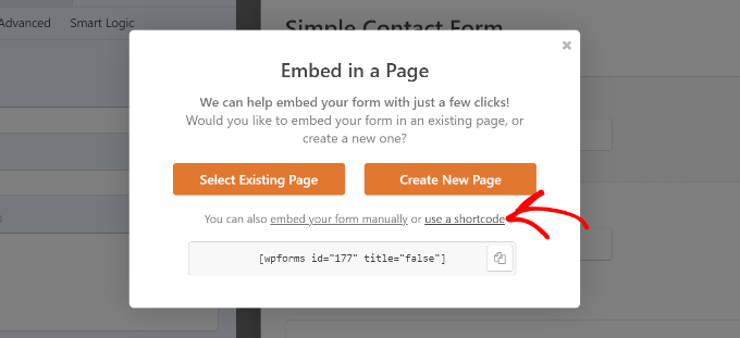Clique no link usar um shortcode Click the use a shortcode link