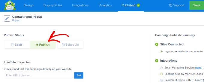 Publique seu pop-up de formulário de contato Change the publish status