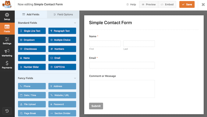 Arrastar e soltar campos de formulário A contact form template