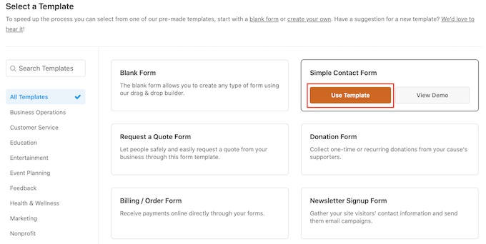 Dê um nome e selecione o modelo de formulário de contato The WPForms Simple Contact template