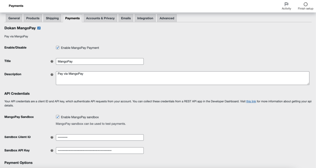 Dokan mangopay 支払いゲートウェイの WooCommerce 支払いセクション