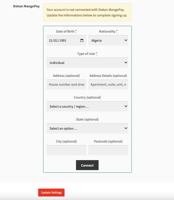 mangopay をベンダーアカウントに接続する