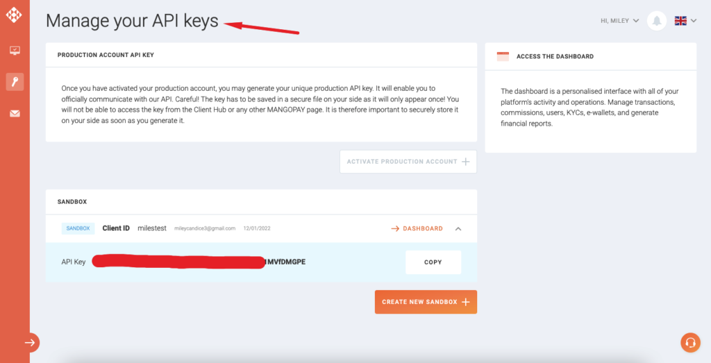 Mangopay API 資格情報を収集する