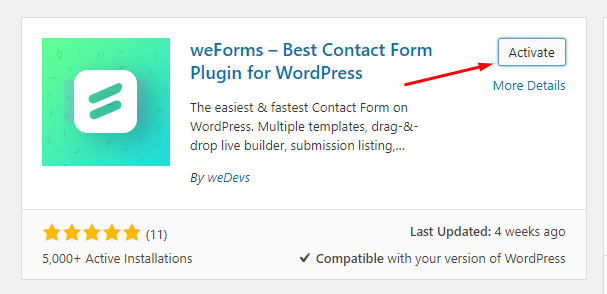 WeForms plugin de formulário WordPress