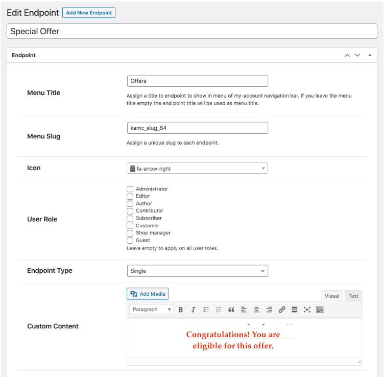 adicionar endpoints de página de conta woocommerce