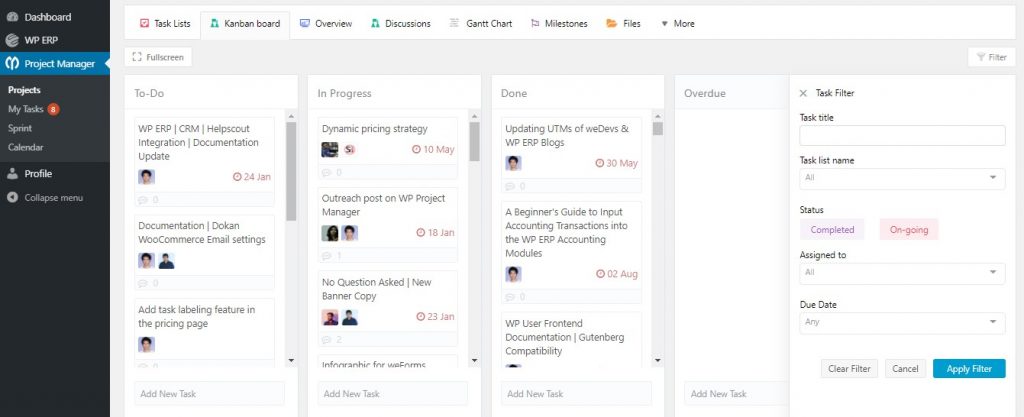 tablica kanban kierownika projektu, aby połączyć wszystkie zadania w jednym miejscu