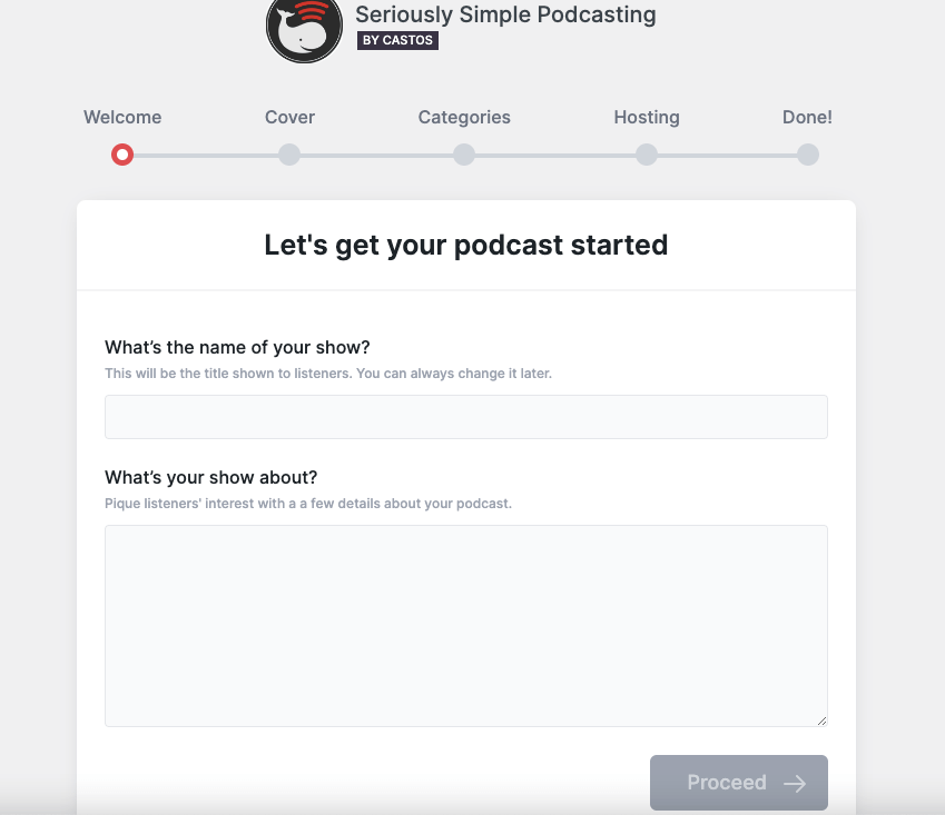 O captură de ecran despre Configurarea asistentului de configurare al pluginului Seriously Simple Podcast