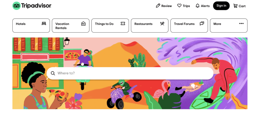 O captură de ecran a paginii de pornire a tripadvisor