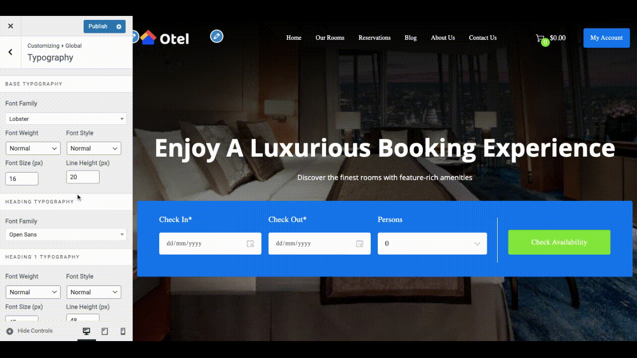 Un fișier gif care arată setările de tipografie ale temei Otel WordPress pentru rezervarea la hotel