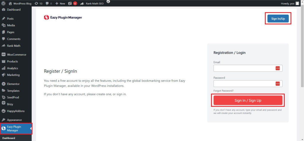 Butonul Eazy Plugin Manager Conectare/Înregistrare
