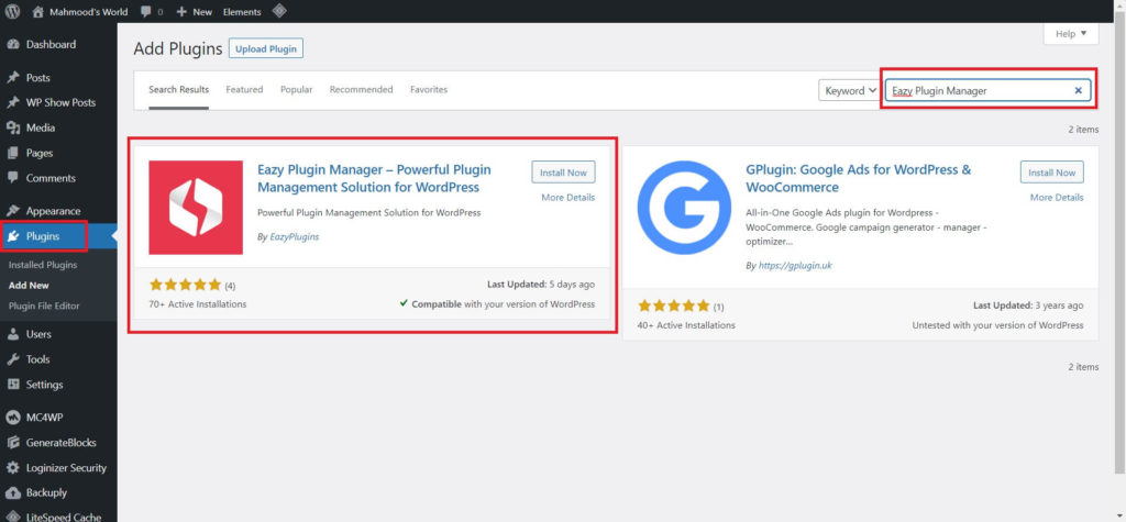 Instalați Eazy Plugin Manager din WordPress