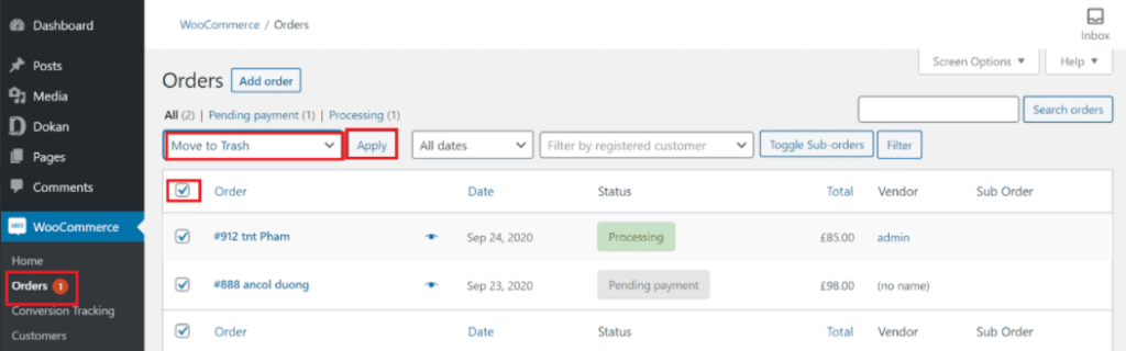 Aceasta este o captură de ecran pentru a șterge comenzile din WooCommerce