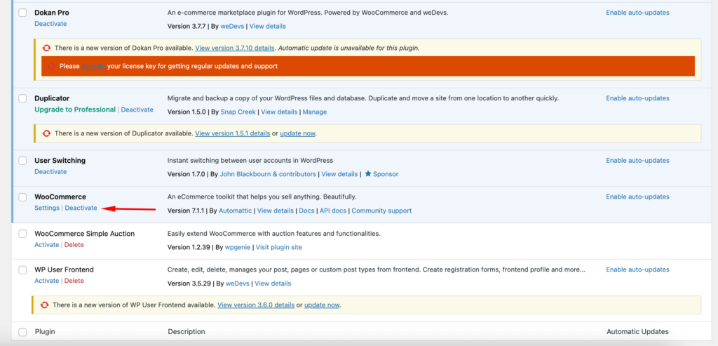 Aceasta este o captură de ecran pentru a dezactiva WooCommerce