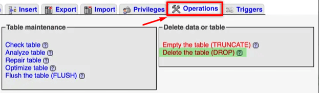 Aceasta este o captură de ecran pentru a șterge tabelul din phpmyadmin