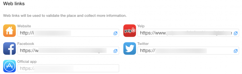 添加 Web 链接,如网站、fb 个人资料、Yelp 个人资料、Twitter 等