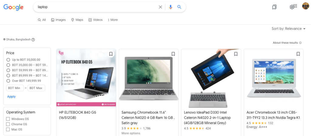 此圖顯示了 Google 購物上登記的 4 台筆記本電腦