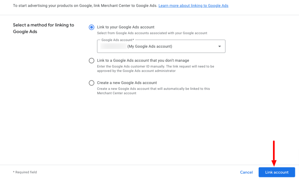 此圖顯示了應插入 Google 廣告帳號的選項。