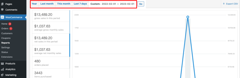 此圖顯示了用於導出 WooCommerce 訂單的過濾選項。