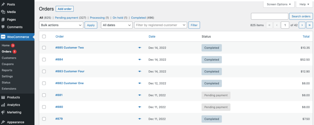 此圖顯示了 WooCommerce 商店中的一些訂單數據。