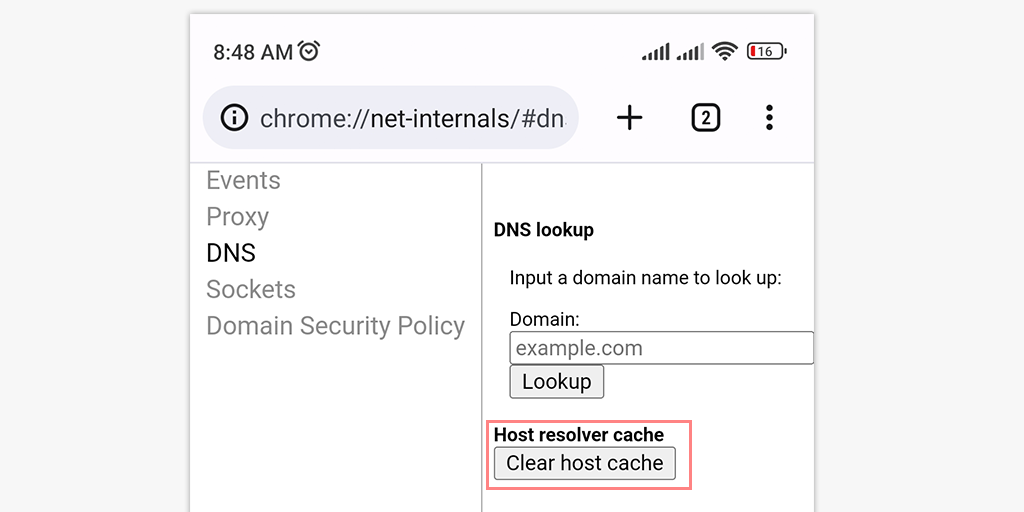 chrome://net-internals/#dns — Opróżnij pamięć podręczną DNS w przeglądarce Chrome 5 chrome://net-internals/#dns Mobile